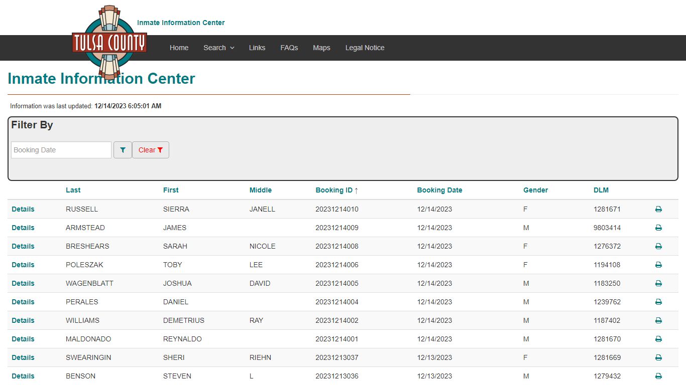 Booking Index - Inmate Information Center - Tulsa County, Oklahoma